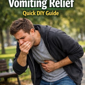 Könnte beinhalten: Ein Mann, der unter Übelkeit leidet. Der Text lautet "Natürliche Übelkeit & Erbrechen Linderung" und "Schnelle DIY-Anleitung". Der Mann trägt ein graues T-Shirt, blaue Jeans und eine schwarze Kapuzenjacke.