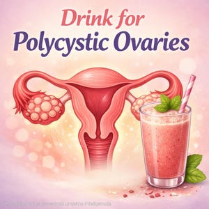 May include: Illustration of a pink smoothie in a glass with a straw and mint leaves, next to a diagram of the female reproductive system. The text reads "Drink for Polycystic Ovaries".