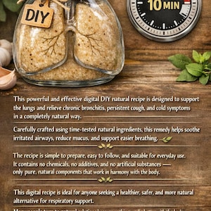 May include: A glass jar shaped like lungs, filled with a tan mixture, with a cork lid and a DIY tag. A timer shows "Prep Time 10 MIN". The image is on a wooden surface, with text about a natural recipe.