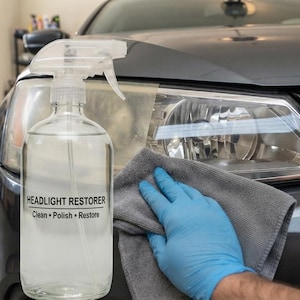 May include: A clear plastic spray bottle labeled HEADLIGHT RESTORER Clean • Polish • Restore, positioned in front of a car headlight. A gray microfiber cloth is being used to wipe the headlight surface, which shows a clear contrast between cleaned and hazy areas.