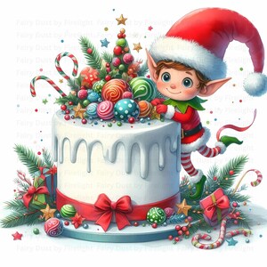 Puede incluir: Una ilustración navideña caprichosa presenta un elfo sonriente con un atuendo rojo y blanco, apoyado en un pastel blanco decorado con caramelos coloridos, adornos y un pequeño árbol de Navidad. El pastel está adornado con una cinta roja y rodeado de regalos y bastones de caramelo.