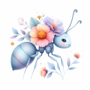May include: A whimsical illustration of a light blue ant adorned with a floral crown of pink, peach, and purple flowers. The ant has delicate antennae and is surrounded by pastel-colored leaves and blossoms, creating a soft, dreamy aesthetic.