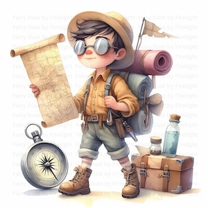 May include: Illustration of a young explorer with a map, backpack, and compass. The character wears a tan safari hat, shirt, shorts, and boots. A rolled-up map is held in one hand. A suitcase, bottles, and a flag are also present.
