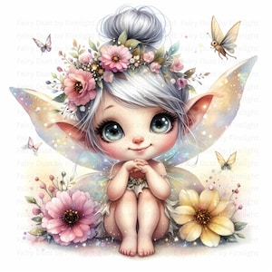 May include: A digital illustration of a fairy with silver hair, large blue eyes, and a floral crown. The fairy is surrounded by butterflies and flowers in shades of pink and yellow. The text "Fairy Dust by Firelight" is visible.