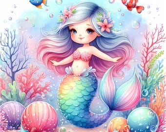 Rainbow Mermaid Junk Journaling Clip Art: 12 Fantasy Watercolour Scrapbooking JPEGs, (Digital Download)