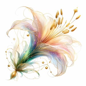 Pode incluir: Ilustração digital de uma flor com pétalas translúcidas em tons de pêssego, rosa e azul. Detalhes dourados destacam as veias e os estames, com pequenas contas douradas. A flor está em um fundo branco.