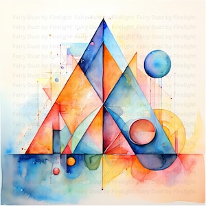 May include: Abstract watercolor painting featuring geometric shapes in shades of blue, orange, and yellow. The artwork includes triangles, circles, and lines, with a soft, blended watercolor effect. The text "Fairy Dust by Firelight" is repeated across the image.