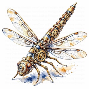 Peut inclure: Une illustration de libellule mécanique composée d'engrenages, de rouages et de composants d'horlogerie en laiton et cuivre. Les ailes sont translucides avec des nervures délicates et des accents ambrés. Le corps est fait de métal et de verre.