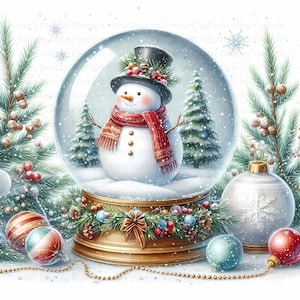 May include: A whimsical snow globe featuring a snowman wearing a black top hat and a red scarf. The snowman is surrounded by miniature pine trees and falling snow. Decorative ornaments and evergreen branches complete the festive winter scene.