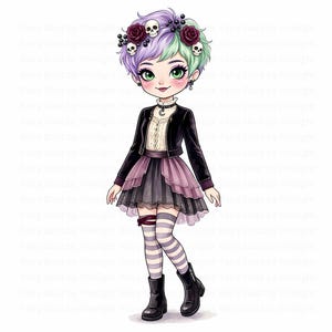 May include: A digital illustration of a character with short purple and mint green hair adorned with skulls and dark roses. The character wears a black jacket over a cream blouse, a layered purple and black skirt, striped stockings, and black boots.