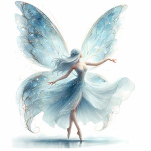 May include: A digital illustration of a fairy with large, translucent blue wings with gold accents. The fairy has long, flowing white hair, a blue dress, and is posed in a graceful dance. The background is white.
