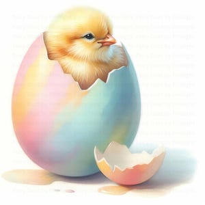 May include: A watercolour illustration of a yellow chick hatching from a pastel-coloured egg. The eggshell is a mix of pink, blue, and yellow hues. The chick has fluffy feathers and a small orange beak. The image has a soft, whimsical feel.