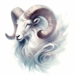 May include: An artistic depiction of a ram's head, showcasing large, curved horns in brown tones and a white, fluffy coat. The ram has a serious expression, with light blue wisps around the face and neck.