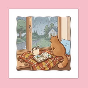Puede incluir: Una ilustraci&oacute;n digital de un gato naranja sentado sobre una manta a cuadros junto a una ventana durante una tormenta. Un libro abierto y una taza humeante con malvaviscos est&aacute;n sobre la manta. Afuera se ven &aacute;rboles verdes y una casa a trav&eacute;s del cristal.