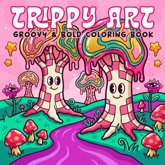 Trippy Art Groovy & Bold Coloring Book | 100 Cute Retro Coloring Pages for Adults and Kids | Digital Download
