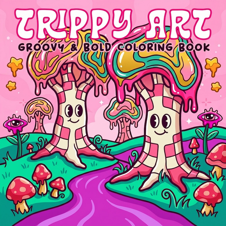 Trippy Art Groovy & Bold Coloring Book | 100 Cute Retro Coloring Pages for Adults and Kids | Digital Download image 1