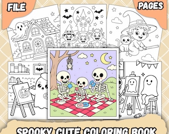 Gruselig süßes Malbuch für Kinder, 43 Halloween Malseiten, Kawaii Geist, süßes Skelett, Gemütlicher Herbst, sofort digitaler Download PDF