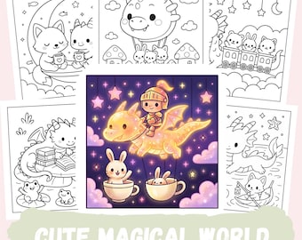 Libro para colorear "Un mundo mágico y adorable" para adultos y niños, "Un mundo mágico y adorables amigos", 30 páginas para colorear estilo kawaii.