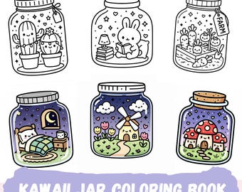 Kawaii Jar Coloring Book, Bold and Easy Coloring Pages, Cute Miniature Worlds Coloring for Adults And Kids, Digital Download