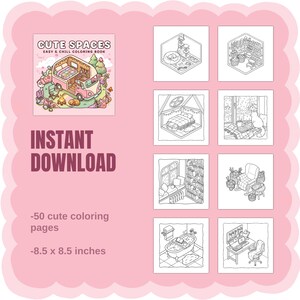 Puede incluir: Un libro de colorear digital titulado Cute Spaces Easy & Chill Coloring Book con una ilustraci&oacute;n de portada de una autocaravana rosa y ocho escenas interiores en blanco y negro. El texto incluye 50 p&aacute;ginas para colorear y 21,59 x 21,59 cm.