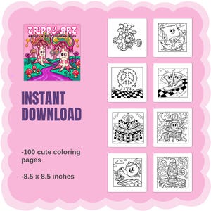 Trippy Art Groovy & Bold Coloring Book | 100 Cute Retro Coloring Pages for Adults and Kids | Digital Download image 3