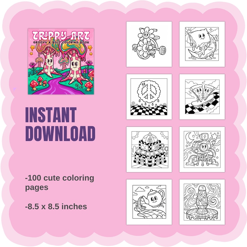 Trippy Art Groovy & Bold Coloring Book | 100 Cute Retro Coloring Pages for Adults and Kids | Digital Download image 3