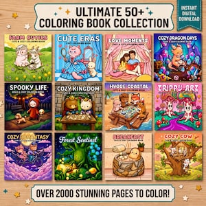 Puede incluir: Una colección digital de más de 50 libros para colorear con temas diversos como Farm Cuties, Cute Eras, Love Moments, Cozy Dragon Days, Spooky Life, Cozy Kingdom, Hygge Coastal, Trippy Art, Cozy Romantasy, Forest Sentinel, Breakfast y Cozy Cow.