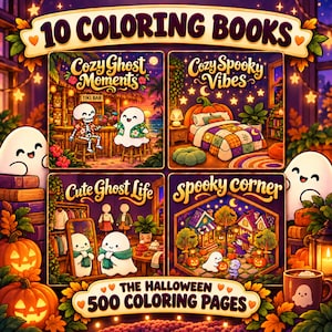 Può includere: Un set di 10 libri da colorare con 500 pagine a tema Halloween. La copertina presenta quattro illustrazioni intitolate Cozy Ghost Moments, Cozy Spooky Vibes, Cute Ghost Life e Spooky Corner, che ritraggono fantasmi in ambientazioni festive.