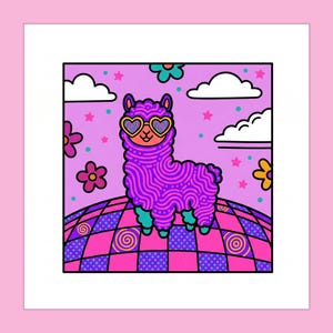 May include: A square art print featuring a purple llama with swirling line patterns, wearing heart-shaped sunglasses. The llama stands on a pink and purple checkered surface with spiral motifs, set against a light purple sky with clouds, stars, and flowers.