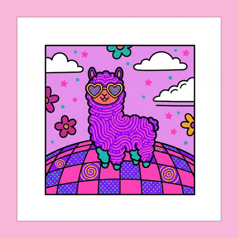 May include: A square art print featuring a purple llama with swirling line patterns, wearing heart-shaped sunglasses. The llama stands on a pink and purple checkered surface with spiral motifs, set against a light purple sky with clouds, stars, and flowers.