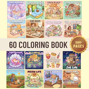 Paquete de más de 3000 páginas para colorear tiernas y acogedoras / 60 libros para colorear digitales / Páginas para colorear llamativas y fáciles / Descarga digital