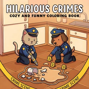 Könnte beinhalten: Ein Malbuch mit dem Titel HILARIOUS CRIMES COZY AND FUNNY COLORING BOOK, das eine Katze und einen Hund in Polizeiuniform zeigt, die eine zerbrochene Tasse in einer Küche untersuchen, mit gelbem Absperrband und Beweismarkern.