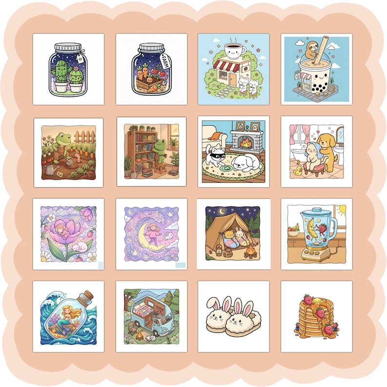 Puede incluir: Una colecci&oacute;n de diecis&eacute;is ilustraciones cuadradas y coloridas que representan escenas caprichosas. Las im&aacute;genes incluyen un cactus en un frasco, una cafeter&iacute;a, una rana en un jard&iacute;n, una sirena en una botella y una pila de panqueques.