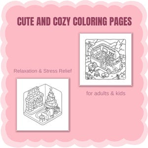 Puede incluir: Un gr&aacute;fico rosa con el texto CUTE AND COZY COLORING PAGES, Relaxation & Stress Relief y for adults & kids. Se muestran dos ilustraciones de arte lineal en blanco y negro: una muestra una furgoneta camper, la otra una chimenea y un &aacute;rbol.