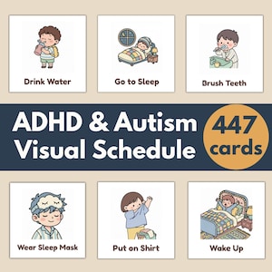 Puede incluir: Un conjunto de horario visual para TDAH y autismo con 447 tarjetas. El gráfico muestra seis cuadrados ilustrados con las etiquetas: Drink Water, Go to Sleep, Brush Teeth, Wear Sleep Mask, Put on Shirt y Wake Up, sobre un fondo azul oscuro.