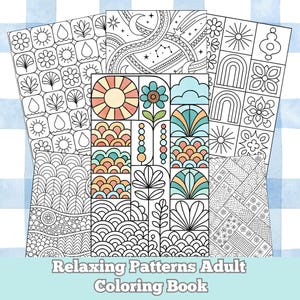 May include: A stack of adult coloring books with geometric and floral designs. The central book features a sun, flower, and cloud motif in shades of orange, teal, and beige. The text "Relaxing Patterns Adult Coloring Book" is at the bottom.