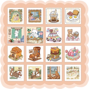 Puede incluir: Una colecci&oacute;n de diecis&eacute;is ilustraciones cuadradas y coloridas que presentan varias escenas. Estas incluyen una persona leyendo, un gato junto a una ventana, un t&eacute; de burbujas, un desayuno, un coche con osos, un picnic de osos, una panader&iacute;a, una zapater&iacute;a en forma de bota, una hamburguesa, una casa de caramelos, un oso en la cama, un conejo y un oso con un carro, un gato junto a una ventana y una persona en una ba&ntilde;era.