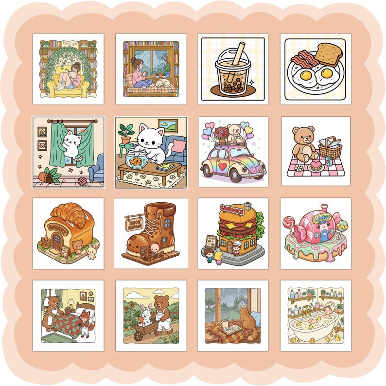 Puede incluir: Una colecci&oacute;n de diecis&eacute;is ilustraciones cuadradas y coloridas que presentan varias escenas. Estas incluyen una persona leyendo, un gato junto a una ventana, un t&eacute; de burbujas, un desayuno, un coche con osos, un picnic de osos, una panader&iacute;a, una zapater&iacute;a en forma de bota, una hamburguesa, una casa de caramelos, un oso en la cama, un conejo y un oso con un carro, un gato junto a una ventana y una persona en una ba&ntilde;era.