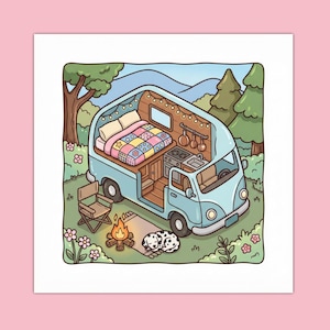 Puede incluir: Una ilustraci&oacute;n de una furgoneta camper azul claro con el lateral abierto que muestra una cama con una colcha de retazos colorida, una peque&ntilde;a cocina con sartenes colgantes y luces. Fuera, una silla plegable, una fogata y un perro manchado.
