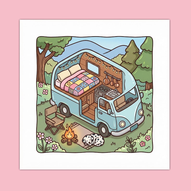 Puede incluir: Una ilustraci&oacute;n de una furgoneta camper azul claro con el lateral abierto que muestra una cama con una colcha de retazos colorida, una peque&ntilde;a cocina con sartenes colgantes y luces. Fuera, una silla plegable, una fogata y un perro manchado.