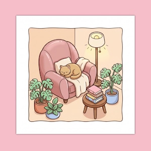 Puede incluir: Una ilustraci&oacute;n digital de una habitaci&oacute;n acogedora con un sill&oacute;n rosa donde duerme un gato beige, junto a una manta blanca y un coj&iacute;n. Cerca hay una peque&ntilde;a mesa de madera con tres libros, una l&aacute;mpara de pie y tres plantas monstera en macetas.