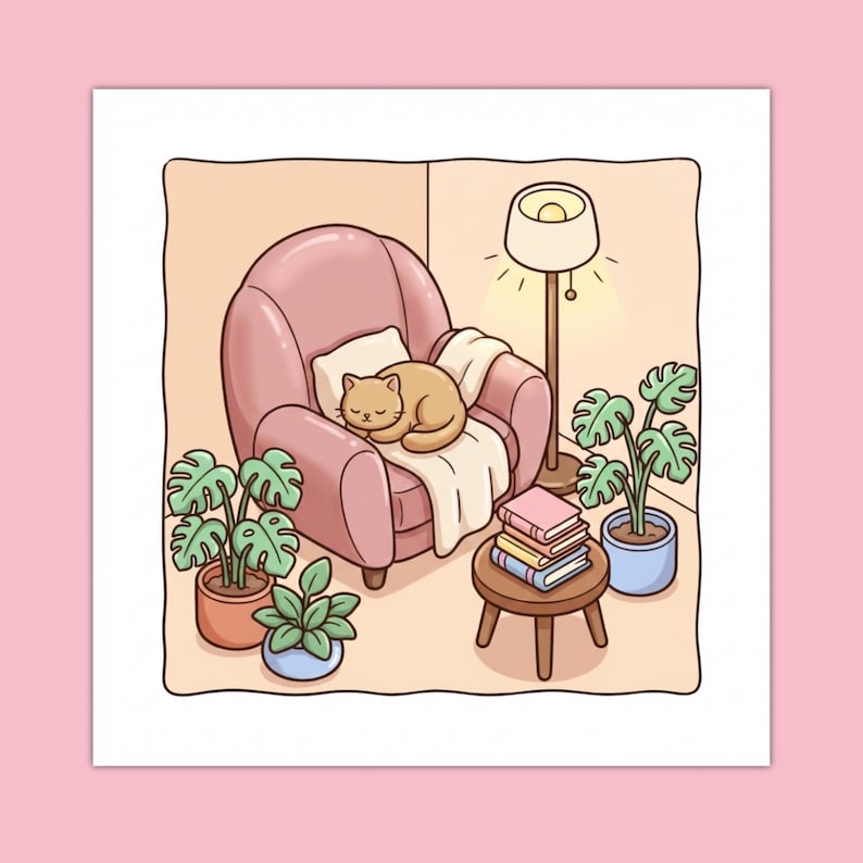Puede incluir: Una ilustraci&oacute;n digital de una habitaci&oacute;n acogedora con un sill&oacute;n rosa donde duerme un gato beige, junto a una manta blanca y un coj&iacute;n. Cerca hay una peque&ntilde;a mesa de madera con tres libros, una l&aacute;mpara de pie y tres plantas monstera en macetas.