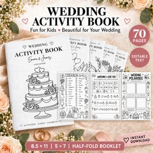 May include: A wedding activity book set featuring a 70-page editable booklet with a three-tier cake illustration, wedding A-Z, I love you, and polaroid activity sheets. The set includes 8.5 x 11 and 5 x 7 inch half-fold booklet options.