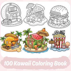 100 Kawaii Målarbilder | Söt Målarbok för Vuxna och Barn | Mysiga Målardesigner | Små Fantasybutiker | Utskrivbar Målarbok