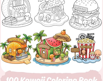 100 kawaii kleurplaten | Leuk kleurboek voor volwassenen en kinderen | Gezellige kleurontwerpen | Kleine fantasiewinkels | Afdrukbaar kleurboek