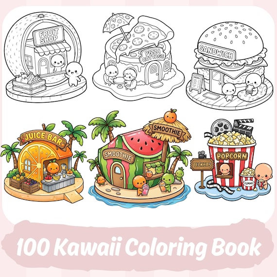 100 Kawaii Coloring Pages | Cute Coloring Book for Adults & Kids | Cozy Coloring Designs | Fantasy Tiny Shops | Printable Coloring Book