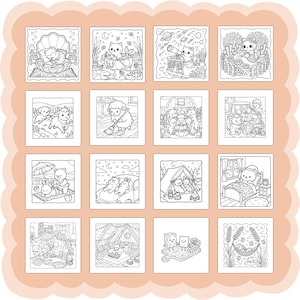Puede incluir: Una colecci&oacute;n de diecis&eacute;is p&aacute;ginas de un libro para colorear en blanco y negro con adorables ilustraciones de animales. Cada cuadrado representa una escena diferente, incluyendo animales en varios escenarios como una concha, un jard&iacute;n y una tienda de campa&ntilde;a. Las im&aacute;genes est&aacute;n delineadas con l&iacute;neas negras.
