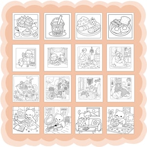 Puede incluir: Una colecci&oacute;n de diecis&eacute;is ilustraciones en blanco y negro, cada una dentro de un marco cuadrado. Las im&aacute;genes representan varias escenas, incluyendo comida, animales y entornos dom&eacute;sticos, adecuadas para colorear. Las ilustraciones presentan un arte lineal detallado.