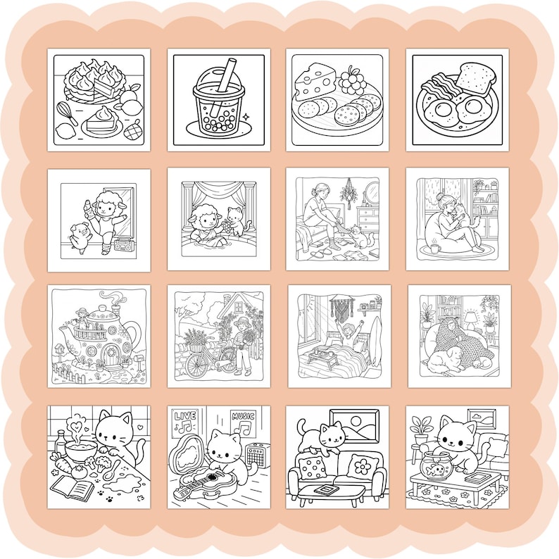 Puede incluir: Una colecci&oacute;n de diecis&eacute;is ilustraciones en blanco y negro, cada una dentro de un marco cuadrado. Las im&aacute;genes representan varias escenas, incluyendo comida, animales y entornos dom&eacute;sticos, adecuadas para colorear. Las ilustraciones presentan un arte lineal detallado.