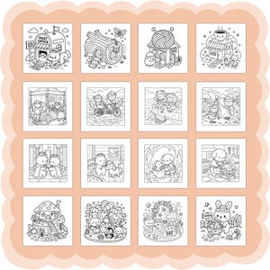 Puede incluir: Una colecci&oacute;n de diecis&eacute;is p&aacute;ginas para colorear en blanco y negro con escenas caprichosas. Las ilustraciones representan varios escenarios, incluyendo una oficina de correos, una tienda de lana y un jard&iacute;n, con personajes de animales lindos y dise&ntilde;os detallados.